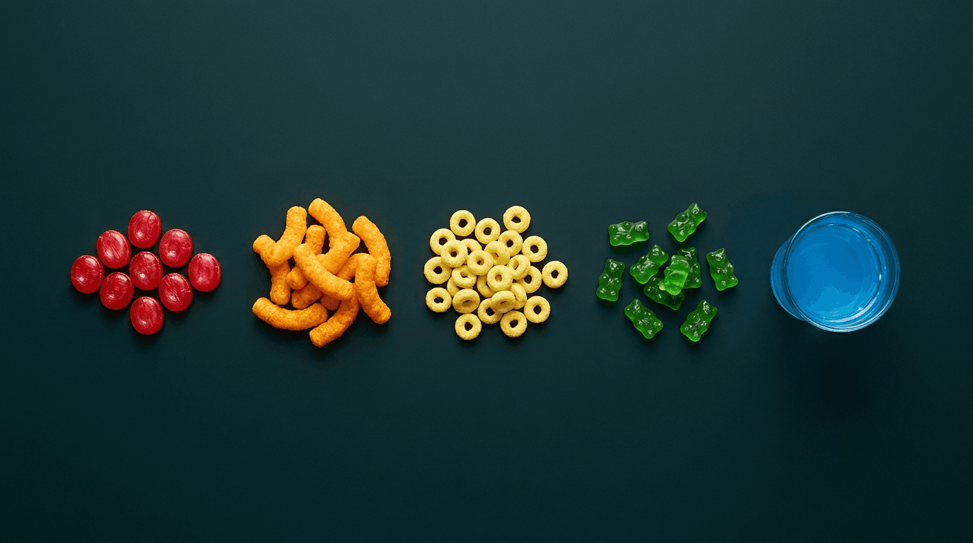 Overhead editorial still-life: a horizontal spectrum of brightly artificially-colored processed foods — red candies, orange snacks, yellow cereal, green gummies, blue sports drink — arranged left to right on a deep dark-teal background.