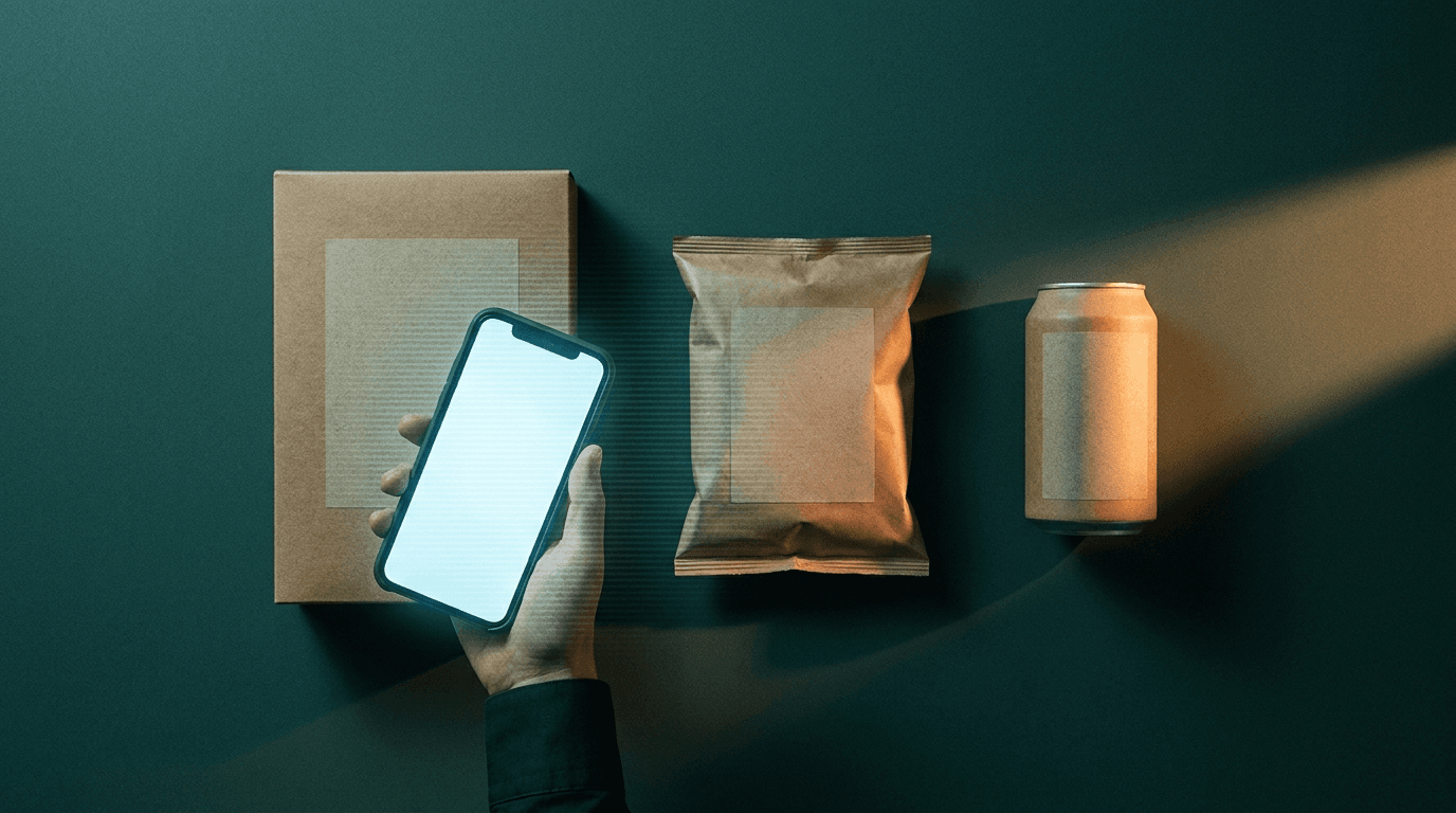 Overhead editorial still-life: a smartphone held over a row of plain unbranded grocery packages on a dark teal background, a cool scan-line glow falling across the labels.
