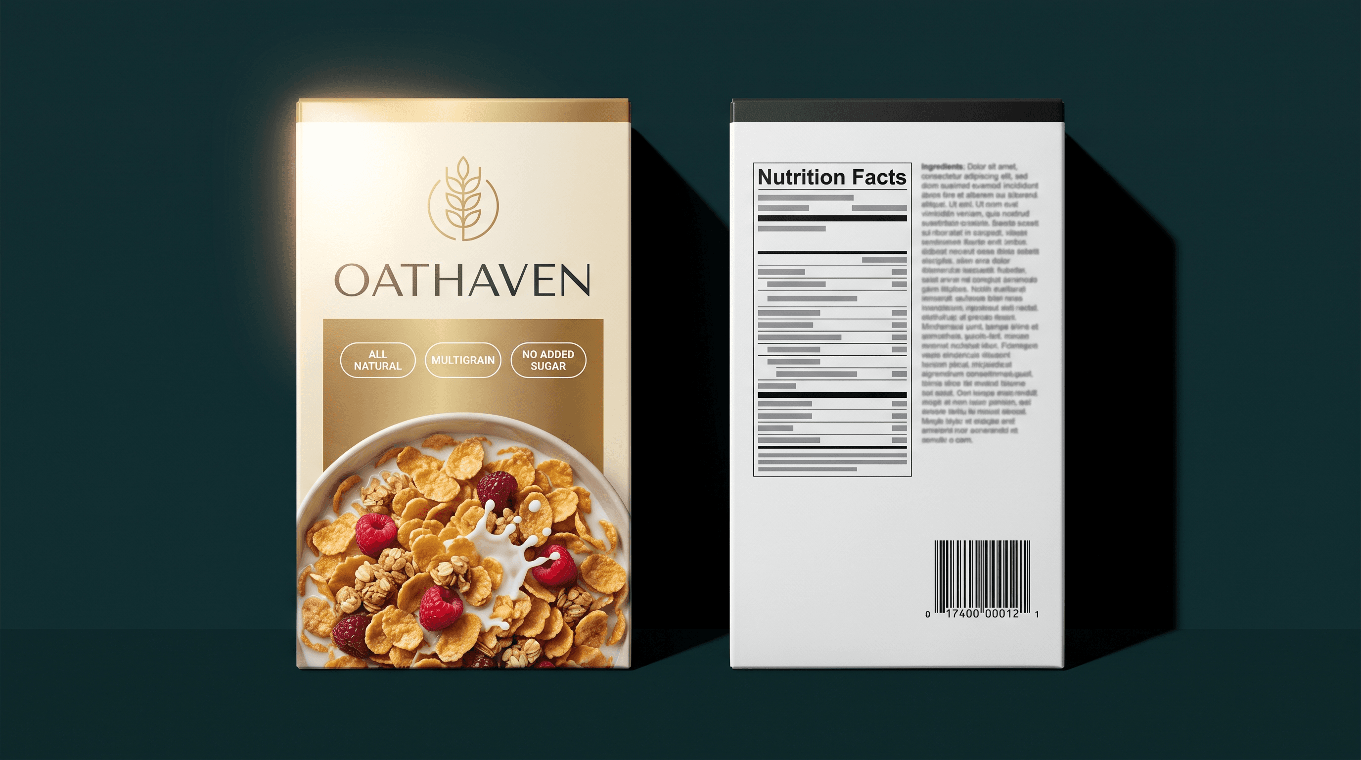 Two cereal cartons from a fictional brand standing side by side on dark teal. The left box shows its designed front: a wheat emblem, a bowl of flakes and berries, and three claim badges reading All Natural, Multigrain, and No Added Sugar. The right box is turned to show its back: a Nutrition Facts panel, a dense ingredient paragraph, and a barcode.