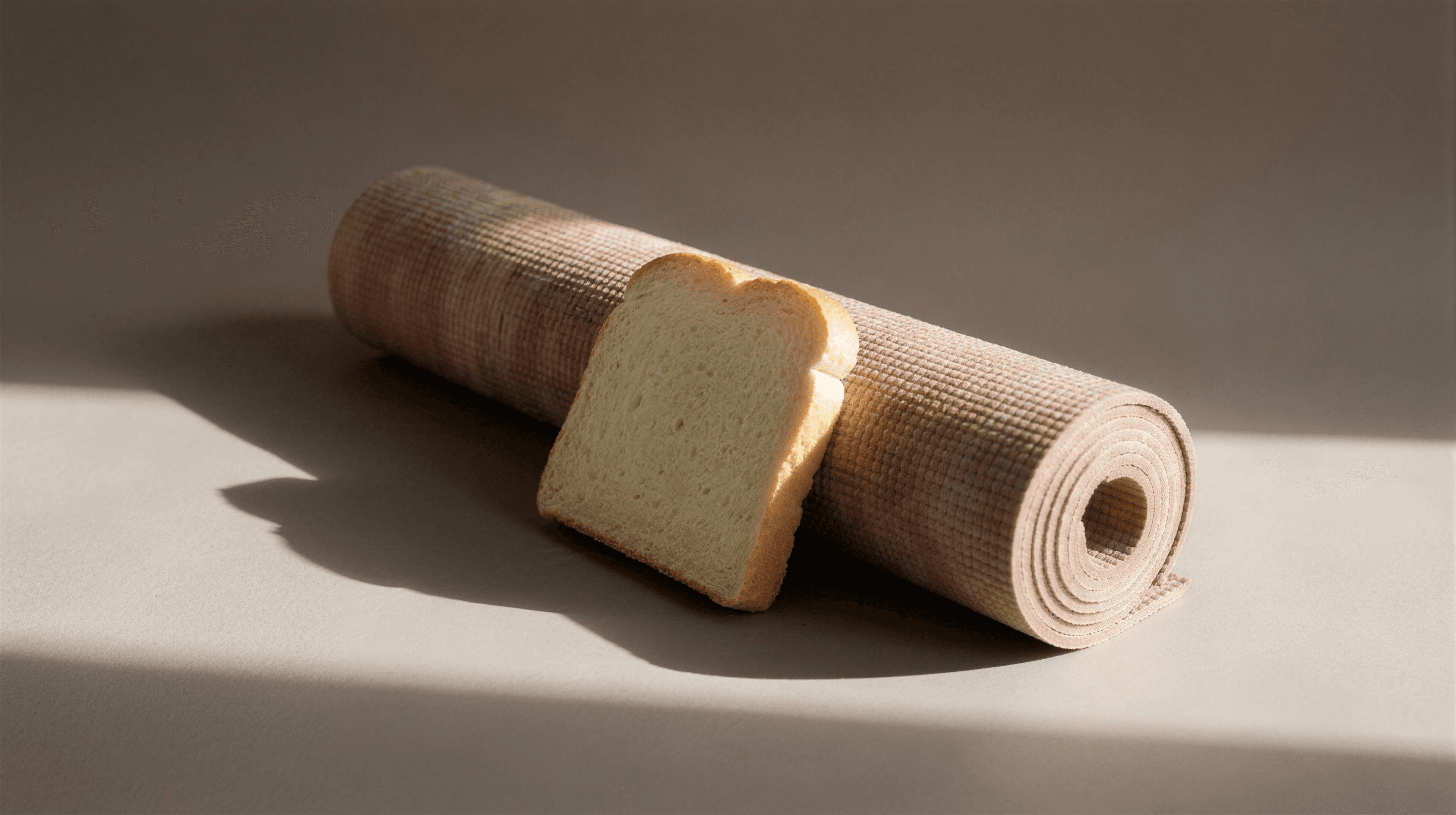 A slice of white sandwich bread resting on a rolled exercise mat under hard editorial light.