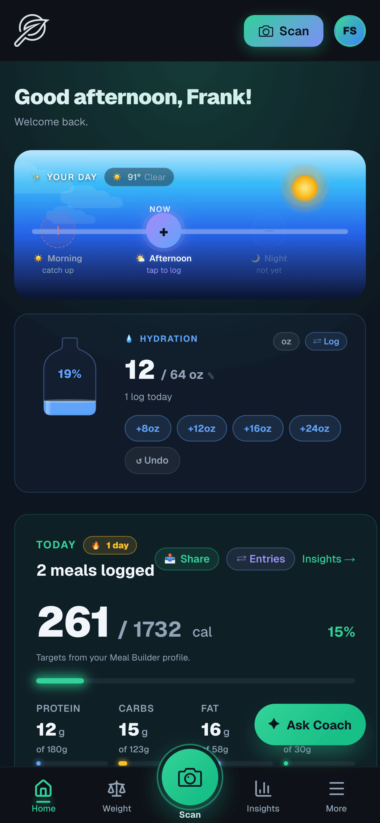 Svelio dashboard showing weather scene, hydration jug, and Today macros card