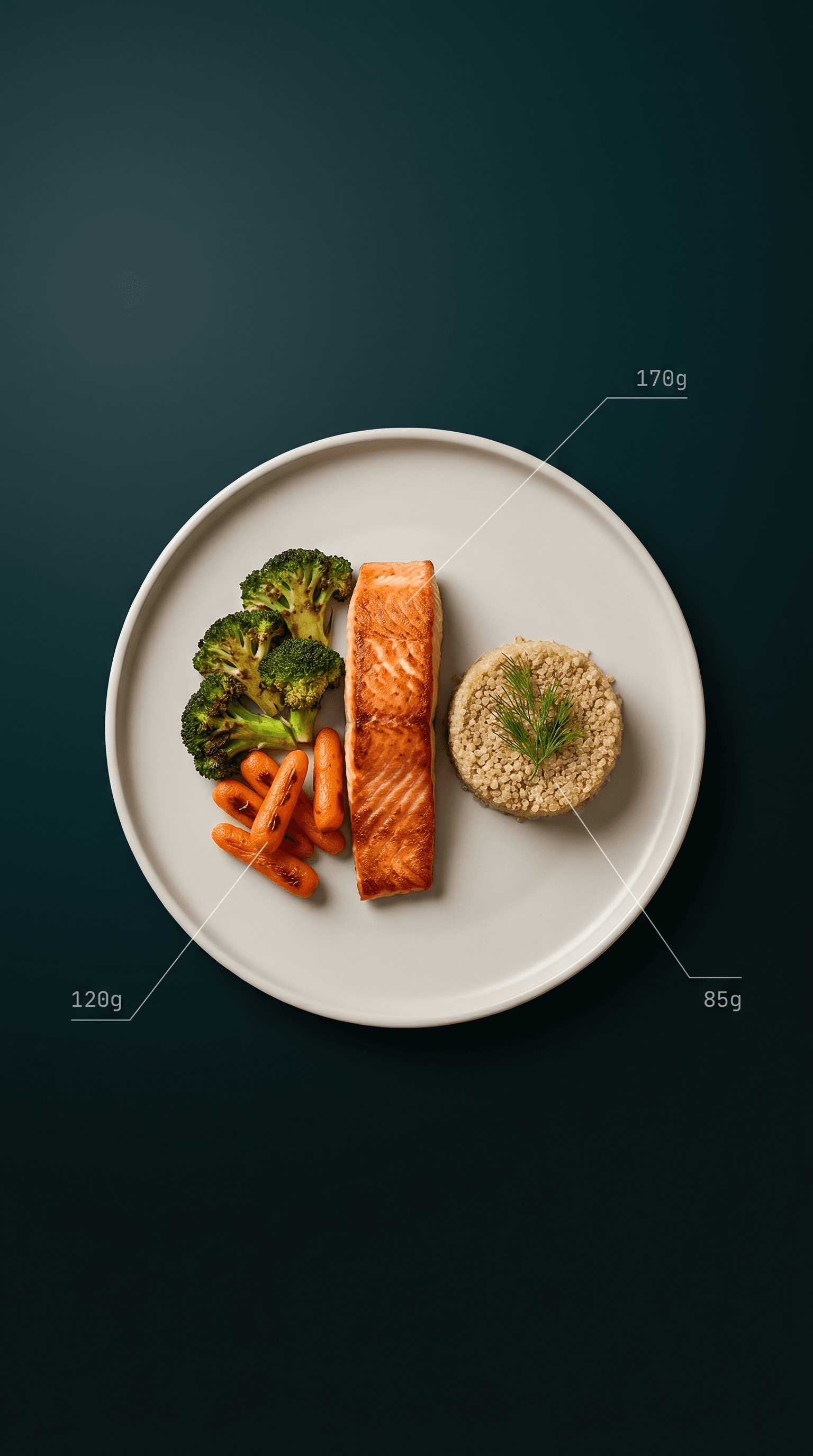 Editorial top-down photograph of a plated meal — salmon, broccoli, baby carrots, quinoa — on a dark teal background, with three thin annotation lines connecting each food item to a gram-weight label rendered in monospace