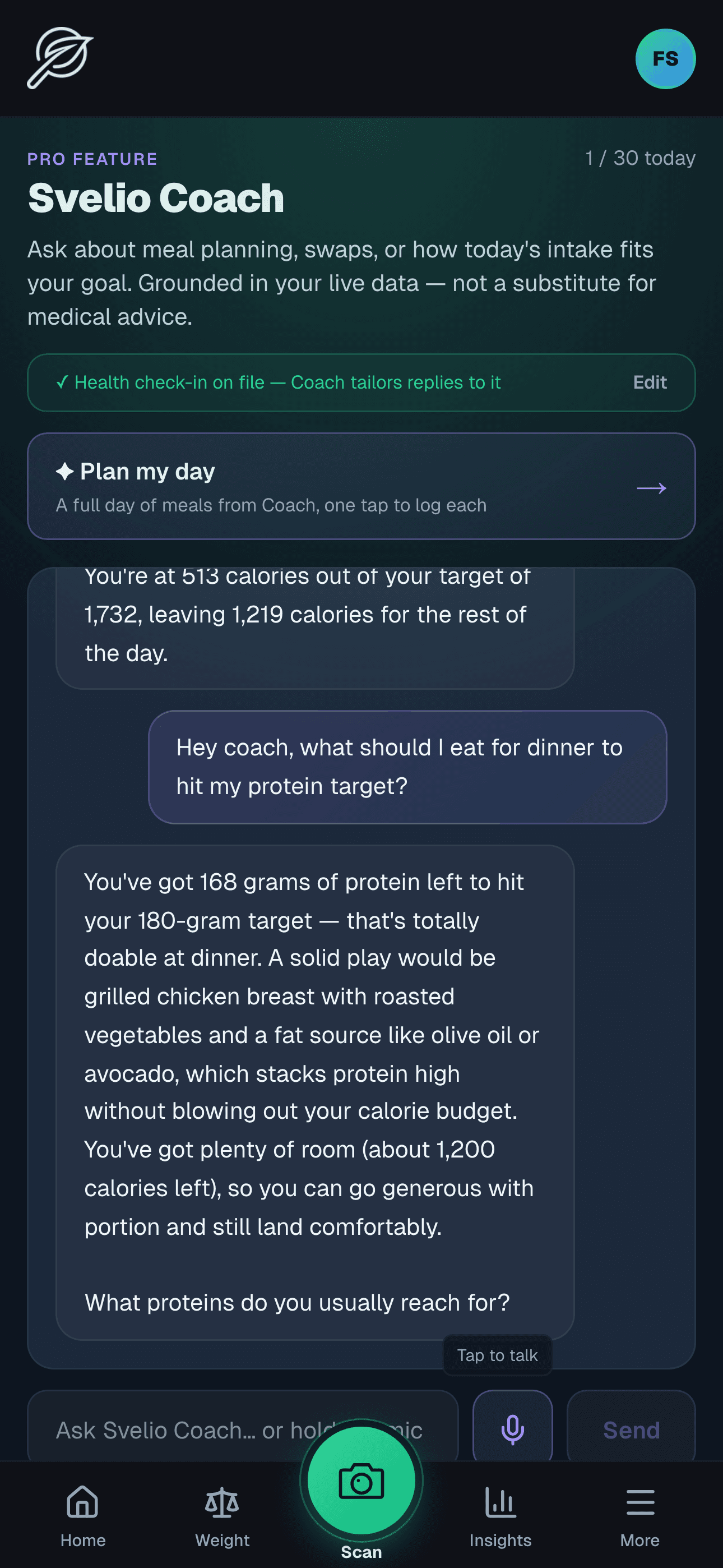 Svelio Coach showing a substantive grounded reply about hitting a protein target at dinner