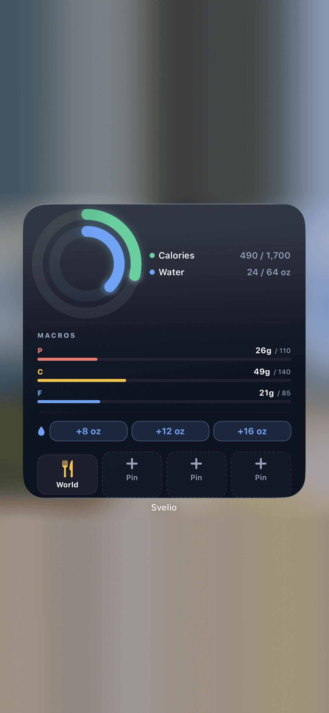 The Svelio Large home-screen widget — a green calories ring and blue water ring (a gold fasting ring joins them while fasting), protein / carbs / fat macro bars, one-tap water buttons, and four food pin tiles for logging