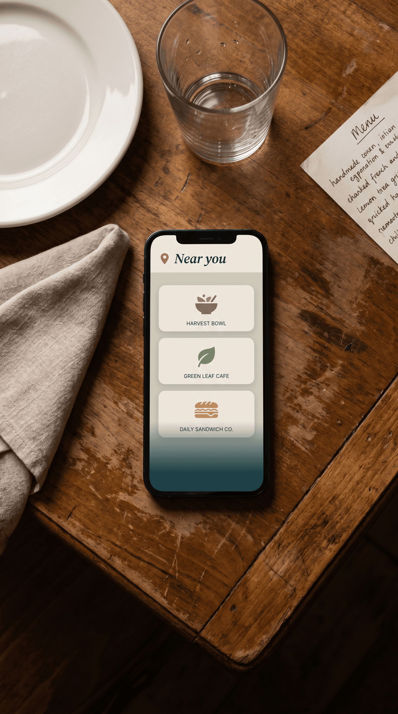Editorial overhead photograph of a wooden cafe table — plate edge, water glass, linen napkin, handwritten paper menu — with an iPhone face-up showing the Svelio 'Near you' restaurant picker (three nearby chain cards)