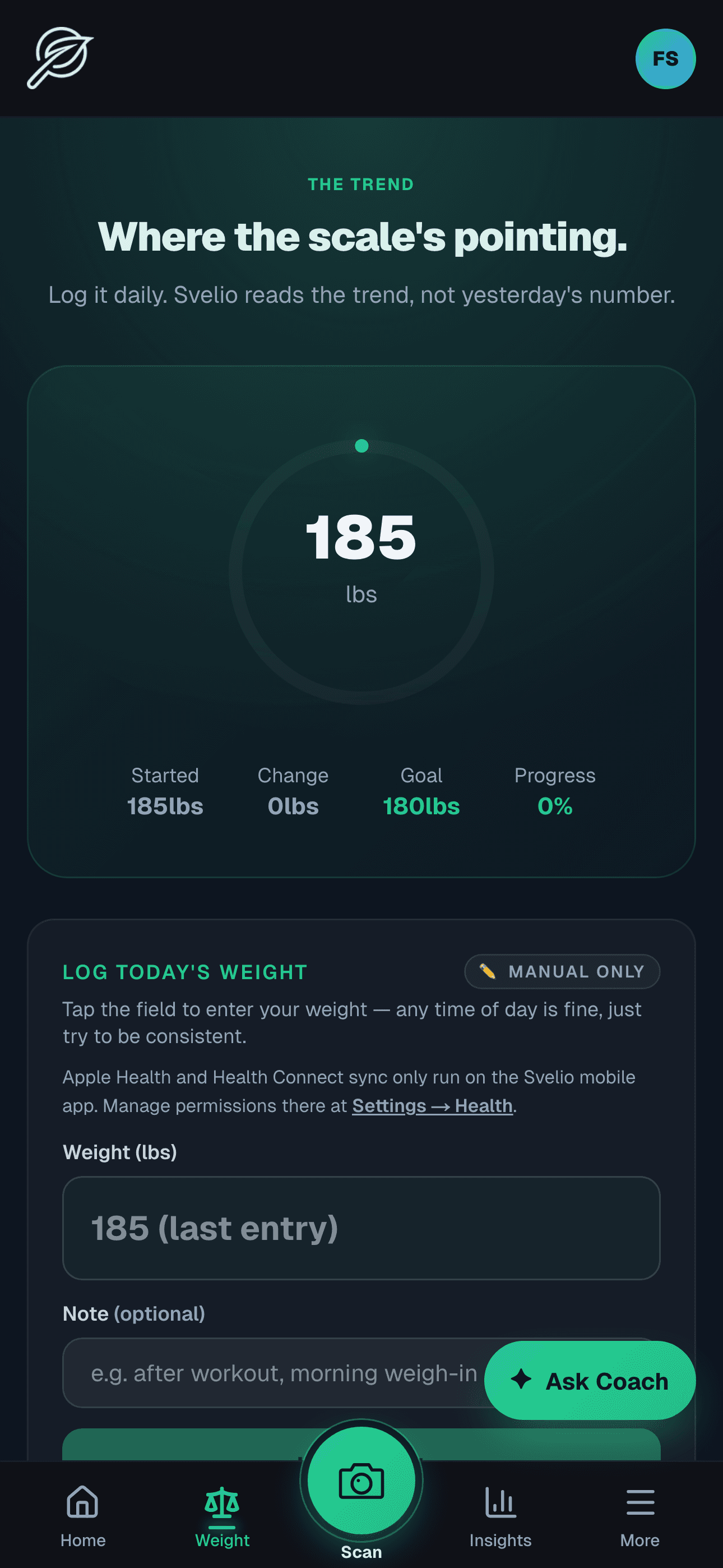 Weight page with current weight ring, started/change/goal/progress strip, and log form