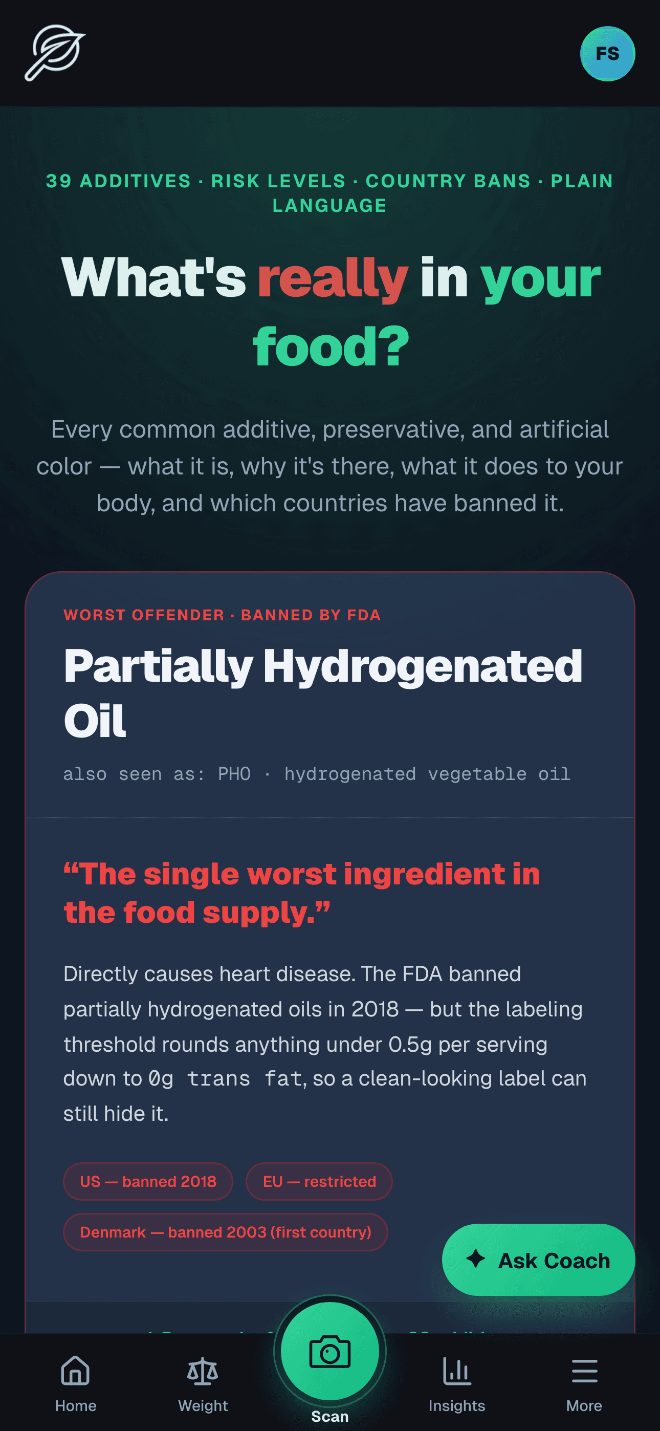 Ingredient explorer showing Partially Hydrogenated Oil with country-ban pills