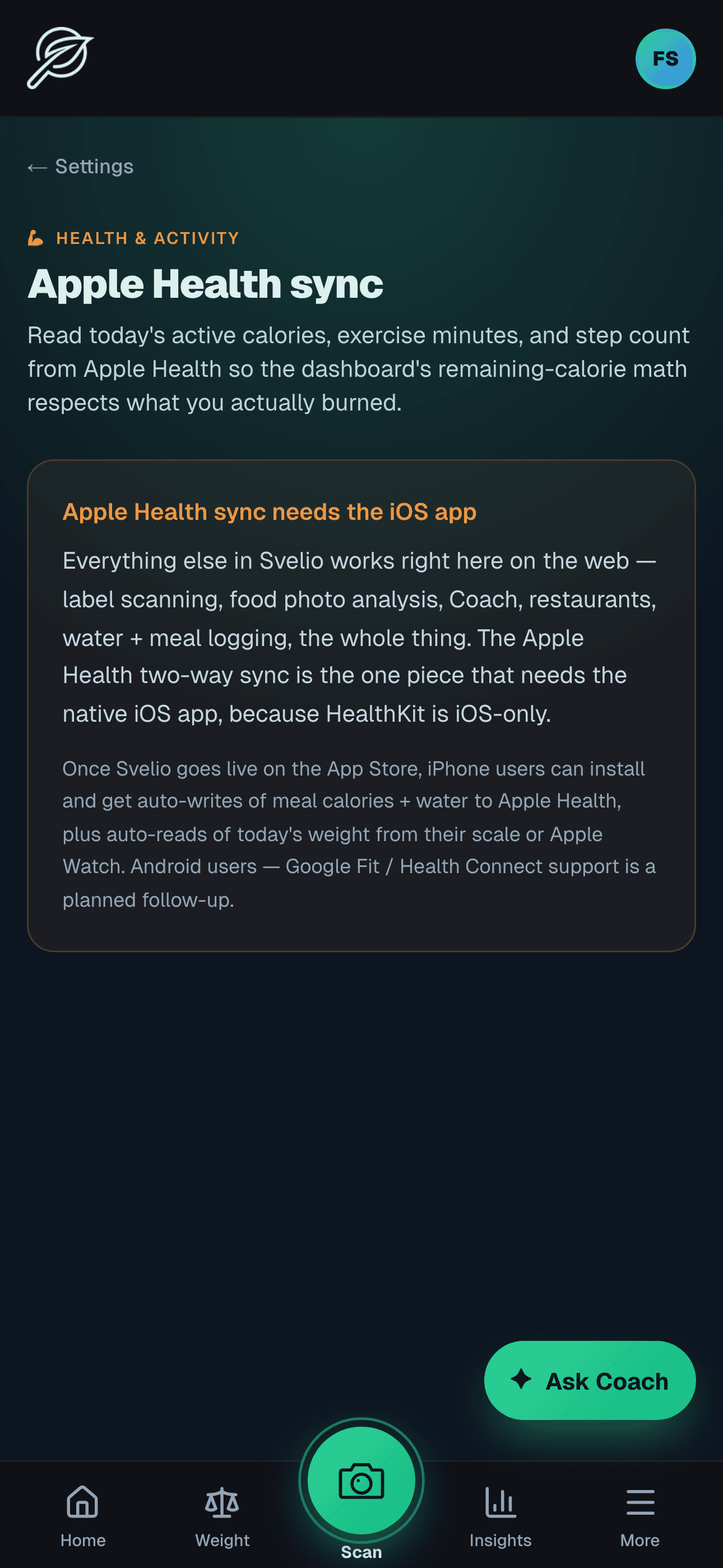 Settings → Health page with one-tap Sync, per-user gate, and bidirectional flow indicators