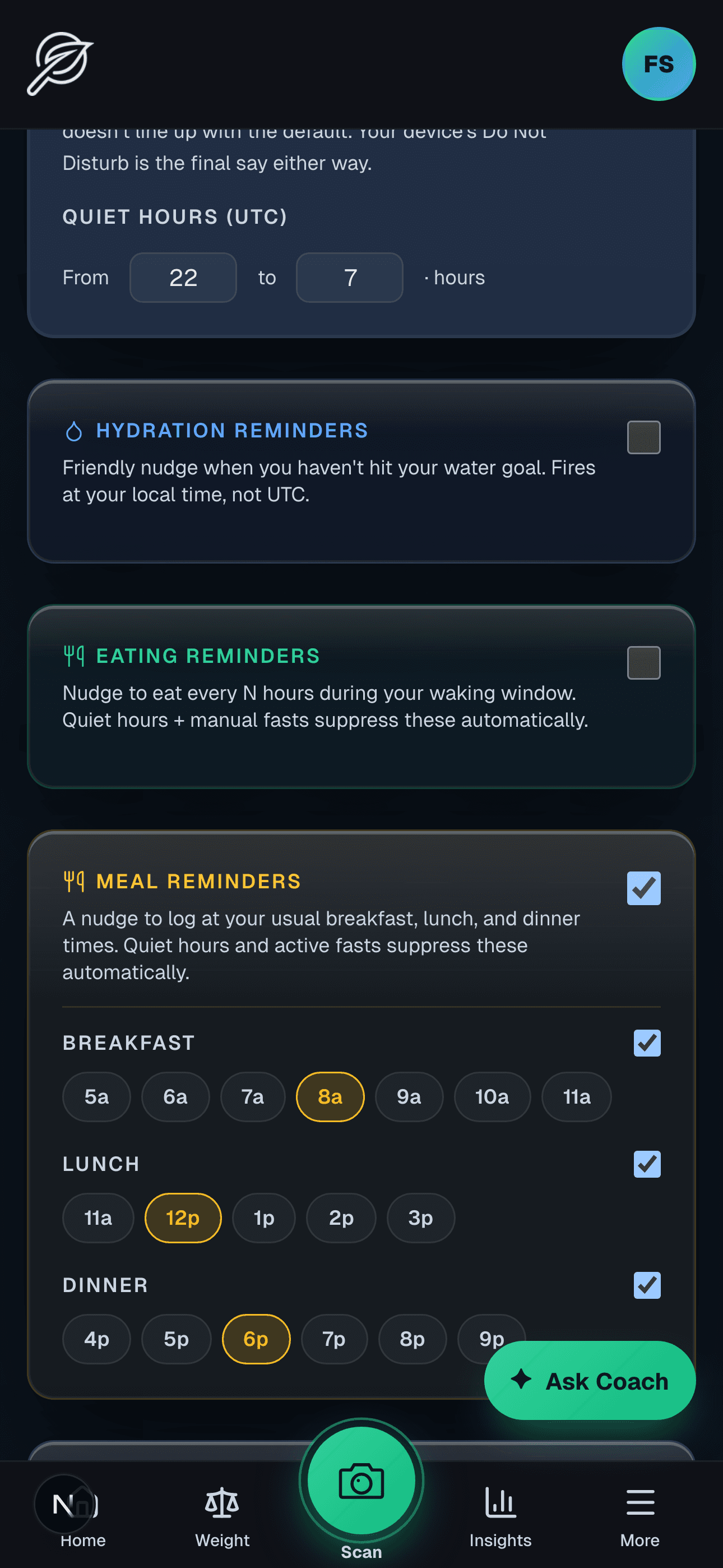 Settings → Notifications page with per-type toggles — meal-time reminders, fasting, hydration, daily summary, and quiet hours