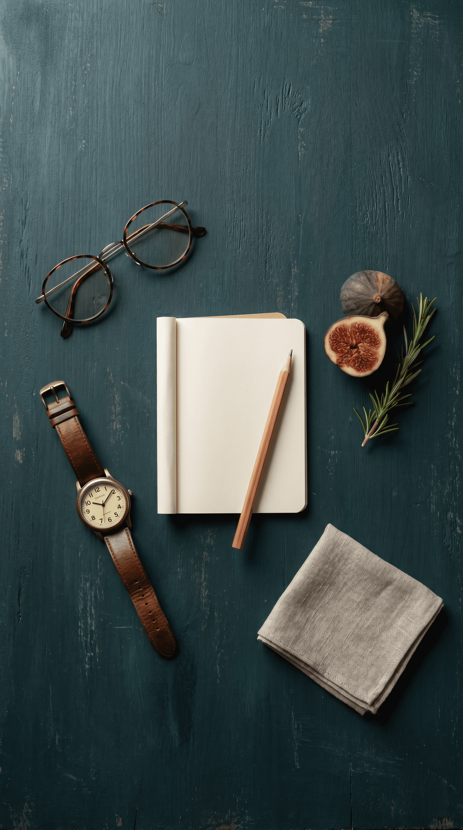 Editorial overhead still life on dark teal wood — tortoiseshell reading glasses, a leather analog wristwatch, a cream unlined notebook with pencil, a fig sliced open, a sprig of rosemary, and a folded oatmeal linen napkin — composed as a portrait through everyday objects