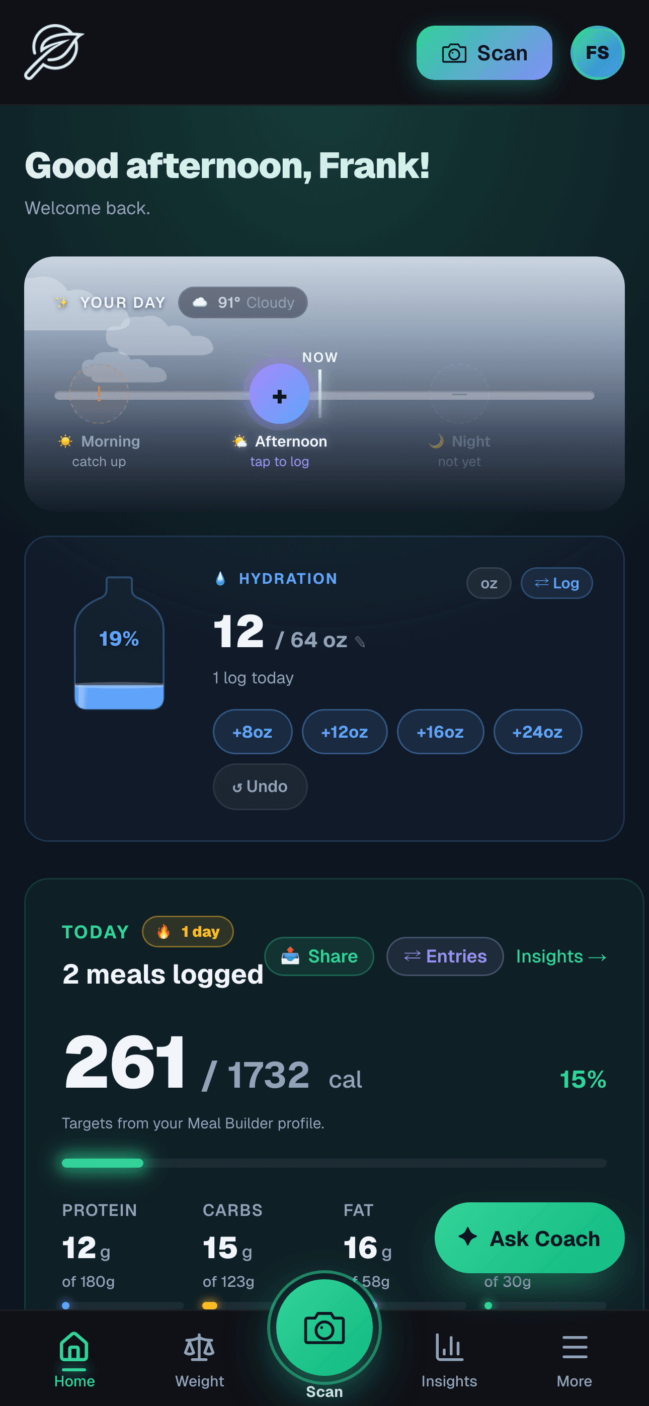 Dashboard 'Your Day' card with morning / afternoon / night slots