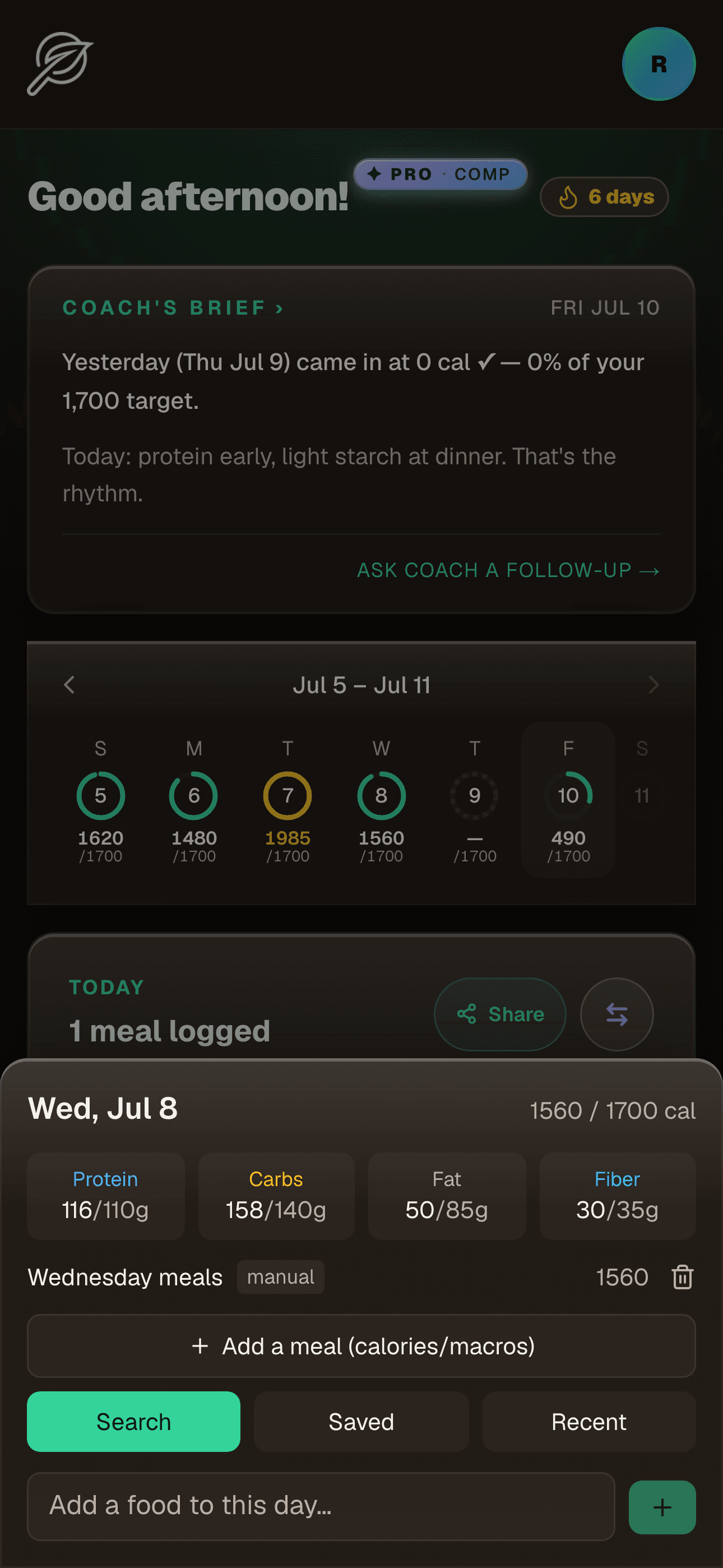 A Svelio day sheet opened on a past day (Wednesday, July 8) — that day's calories and macros above an 'Add a meal to this day' button that backfills the date