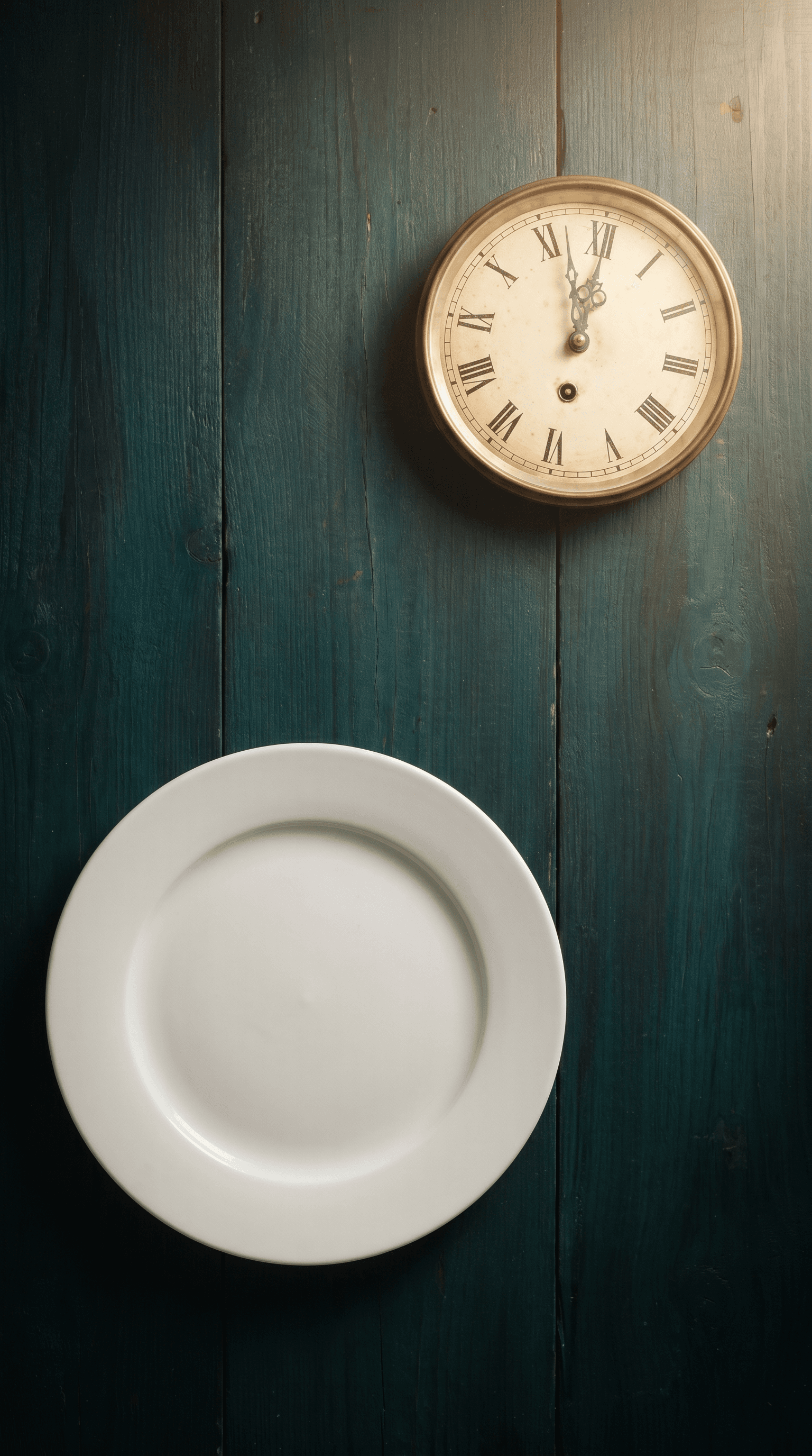 Editorial overhead still life on dark teal wood planks — a single empty white ceramic plate alongside a detached vintage analog clock face with brass rim and serif numerals, composed asymmetrically to read as the quiet gap between meals